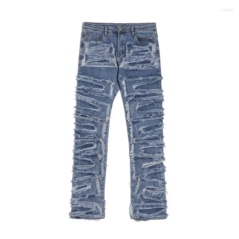 Erkekler Kot Moda Yüksek Sokak Yıkanmış Breaksing Sıkıntılı Ekleme Mikro Alevlenmiş Y2K Patchwork Retro Hip Hop Denim