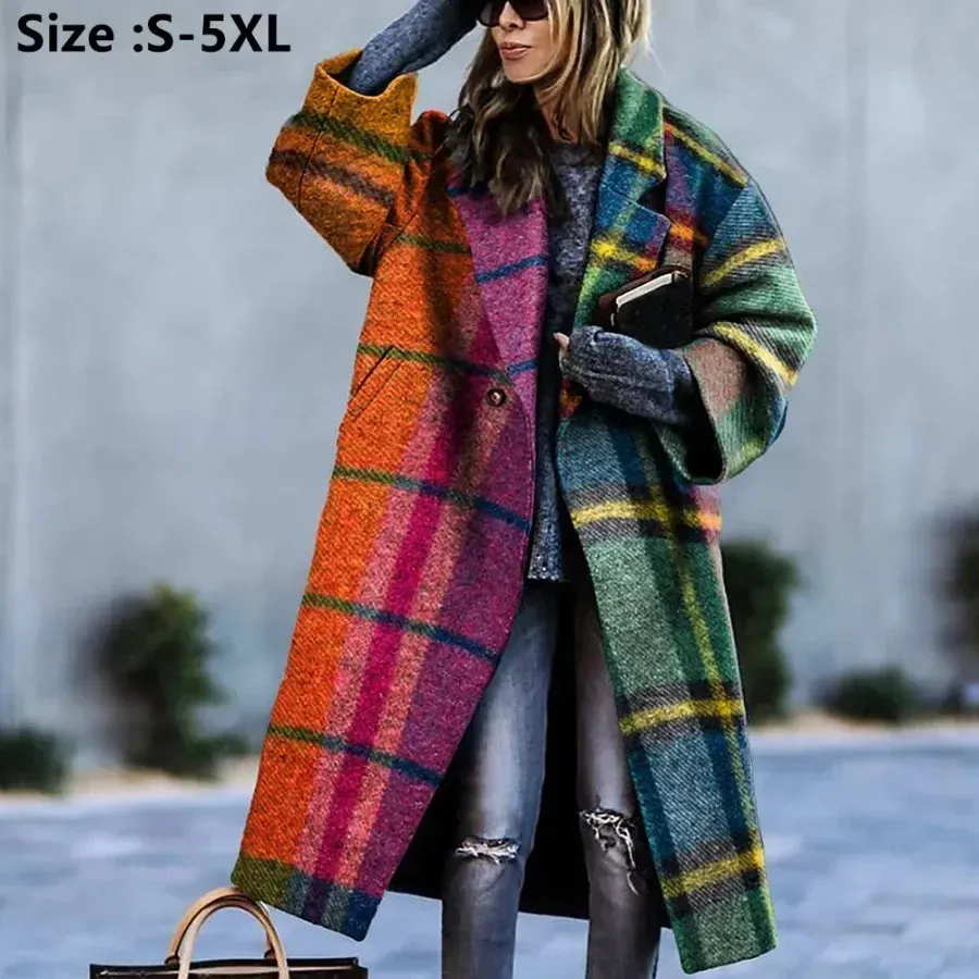 Женские полушерстяные 2023, осень-зима, женские теплые куртки, длинные пальто во французском стиле, стеганое пальто, элегантная клетчатая одежда, S5XL 231027