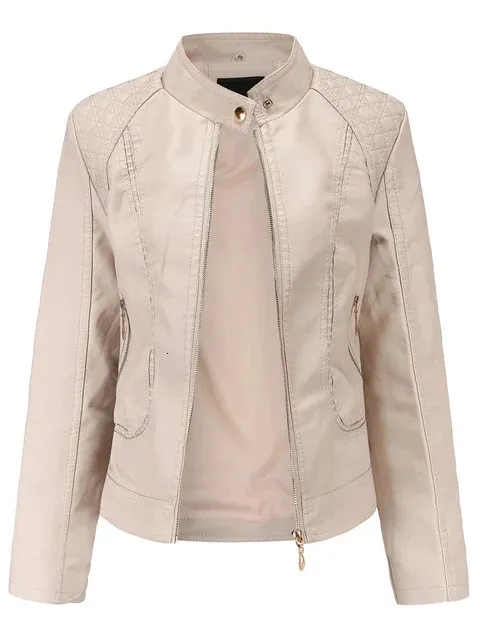 Elegant Womens Faux Leather Jacket - Stylish Stand-Up Collar