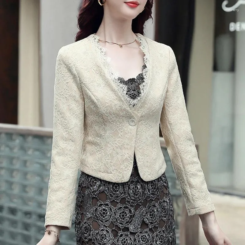 Women's Suits Women Small Blazer Korea Casual Slim Lace Patchwork V-Neck Blazers Jackets Work Coat Outerwear Female Office Lady