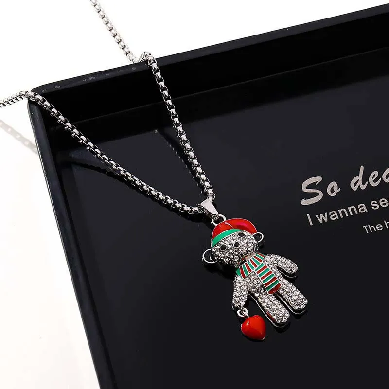 Trendy Cute Full Diamond Christmas Bear Necklace Women's Jumpy Hip Hop Pendant New Necklace Jewelry