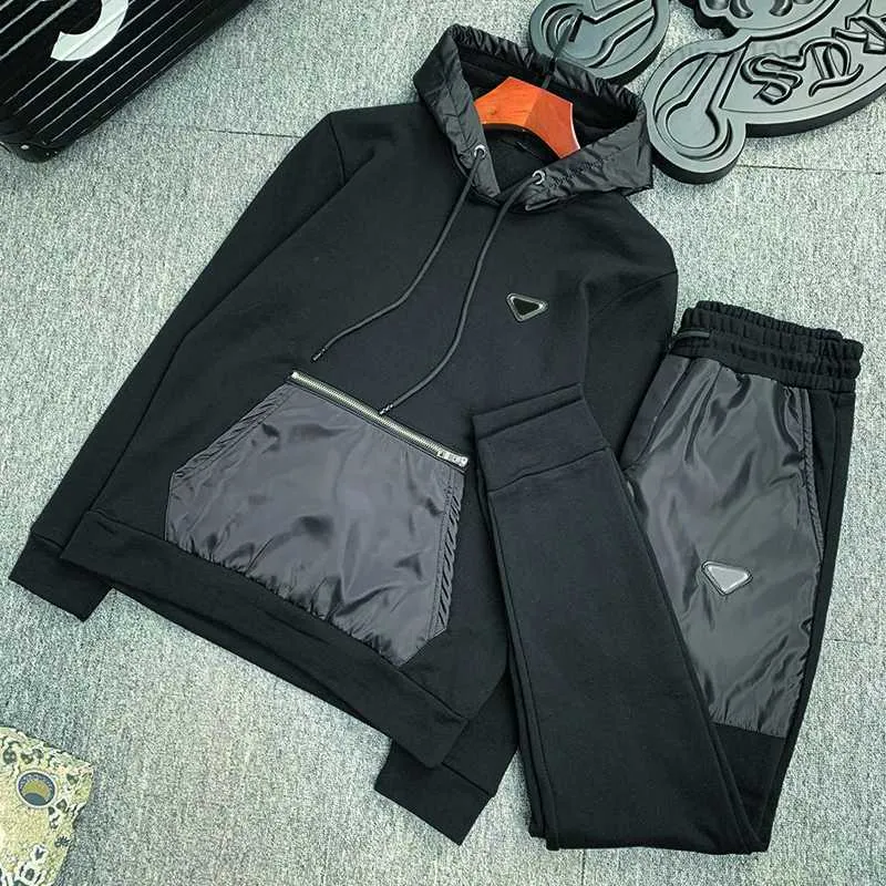 2023men's Sportswear Tracksuits Streetwear Pantsuit Hoodie Pra Sweatshirt Composite Fabric Suit Metal Invertered Triangle Label Decorative Thick Pants