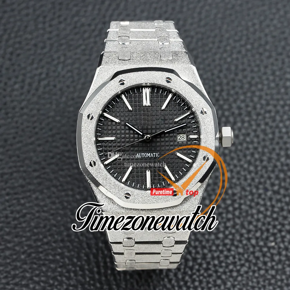 41 mm neue schwarze Textur-Automatik-Herrenuhr 15400 Silber Frost Gold mattiertes Stahlgehäuse Armband Datum Herrenuhren Timezonewatch Z20c