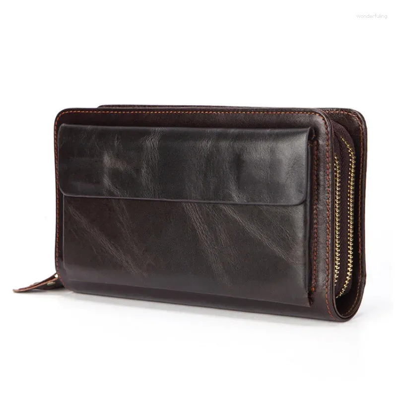 Wallets Genuine Leather For Men 2023 Long Zipper Clutch Phone Bag Business Card Holder Wallet Vintage Brand Murse Coin Purse