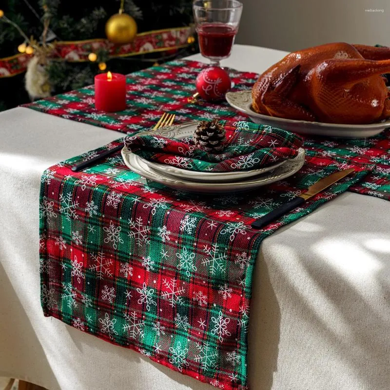 Tovaglia Anno Verde Fiocco di neve Bandiera scozzese Tappetini da pranzo Decorazione natalizia Cucina Stoviglie occidentali