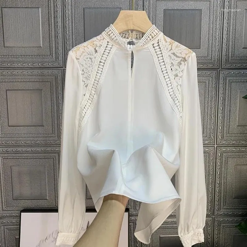 Blouses pour femmes mode femme chemisier 2023 automne français couleur unie lâche évider dentelle épissage haut col debout