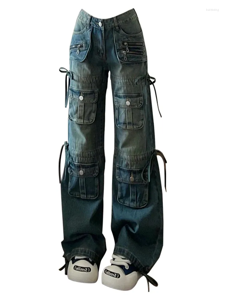 Women's Y2K Cargo Pants, Baggy Multi-Pocket Blue Denim Jeans, Low Waisted Wide Leg 2000s Aesthetic Streetwear Women's Y2K Cargo Pants, Baggy Multi-Pocket Blue Denim Jeans, Low Waisted Wide Leg 2000s Aesthetic Streetwear