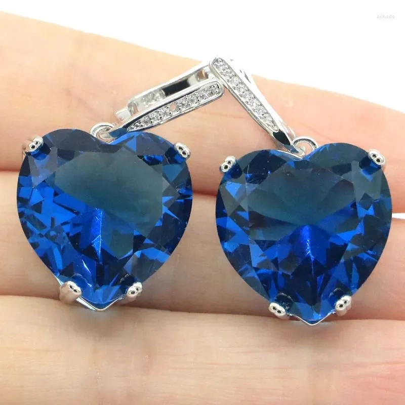 Dangle Earrings 35x20mm Big Heart Gemstone 20mm London Blue Topaz Aquamarine Fine Jewelry Daily Wear Silver