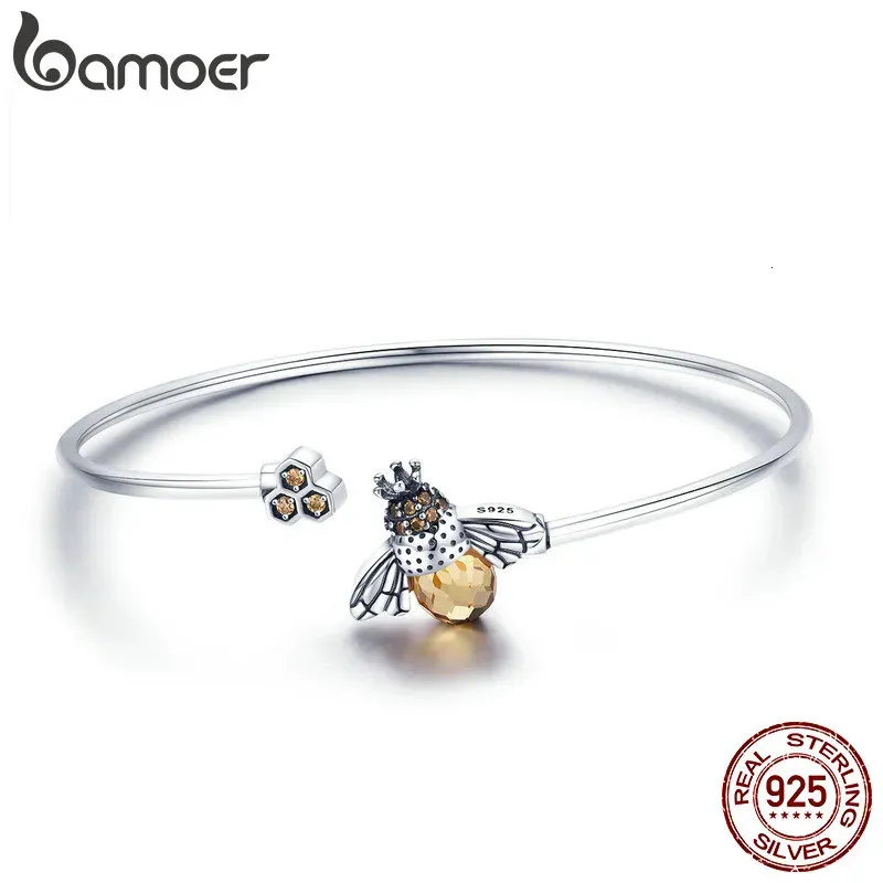 Bangle 925 Sterling Silver Crystal Yellow Bee Bangle Silver Cute Insect Bracelets for Women Birthday Gift Fine Jewelry SCB104 231027