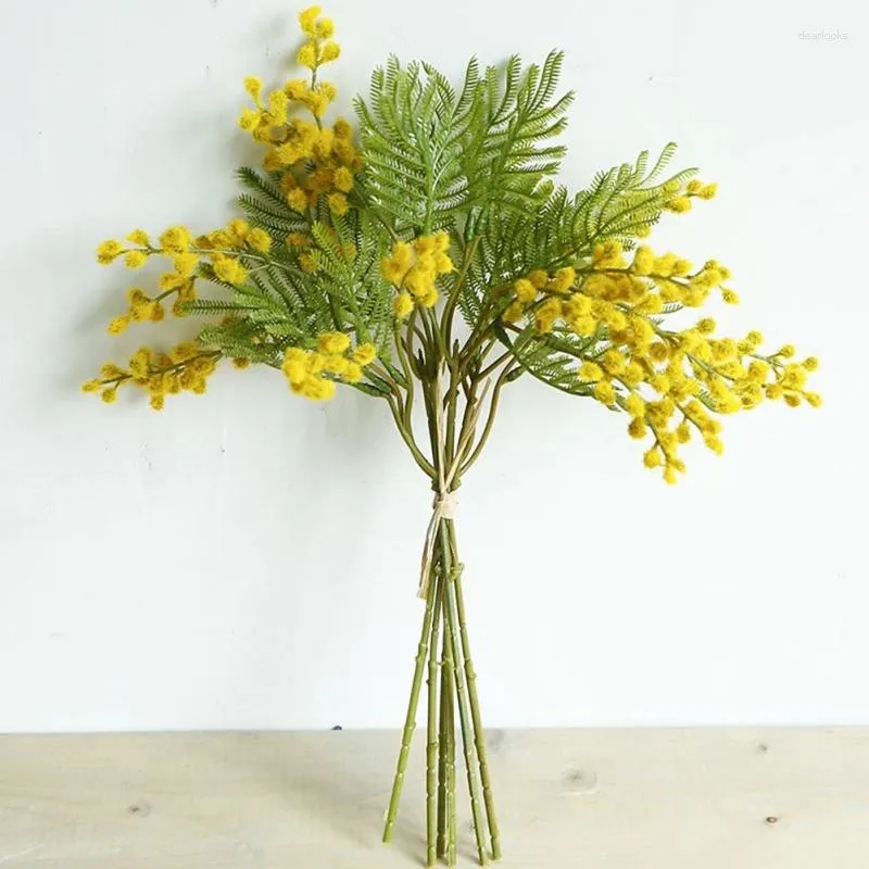 Decoratieve bloemen herfst kunstmatige mimosa bloemtak tropische palmbladeren valse gele meeldraden zijde acacia nep plant decor