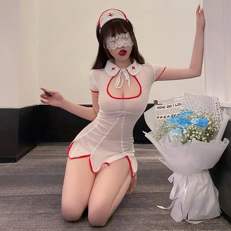 Set sexy Jimiko Costumi da infermiera sexy Donna Uniforme sessuale Tulle trasparente Mini abito perizoma Halloween Cosplay Anime Abiti Lingerie sensuale 231030