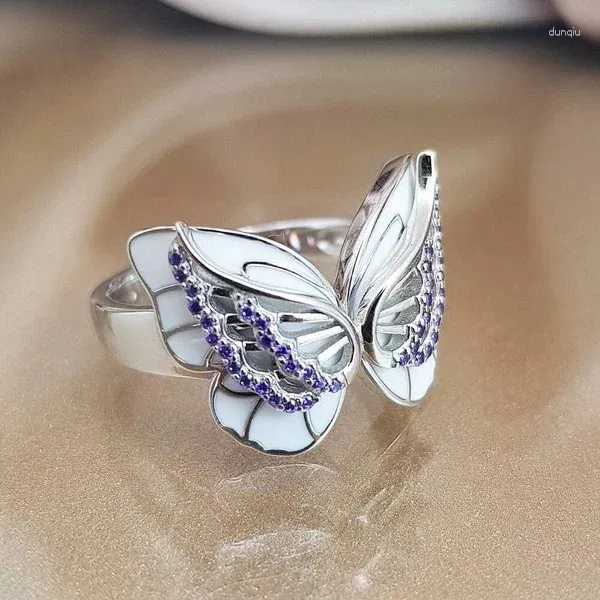 Cluster Rings Simple Silver Color Hollow Butterfly Women Fashion Purple Cubic Zirconia Wedding Party Ring For