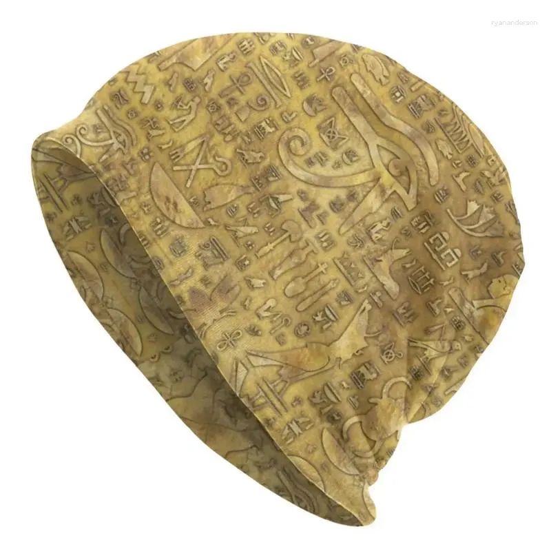 Berets Antigo Egípcio Hieróglifos Gold Beanie Bonnet Tricô Chapéus Mulheres Homens Étnico Egito Quente Inverno Skullies Beanies Caps para Ski