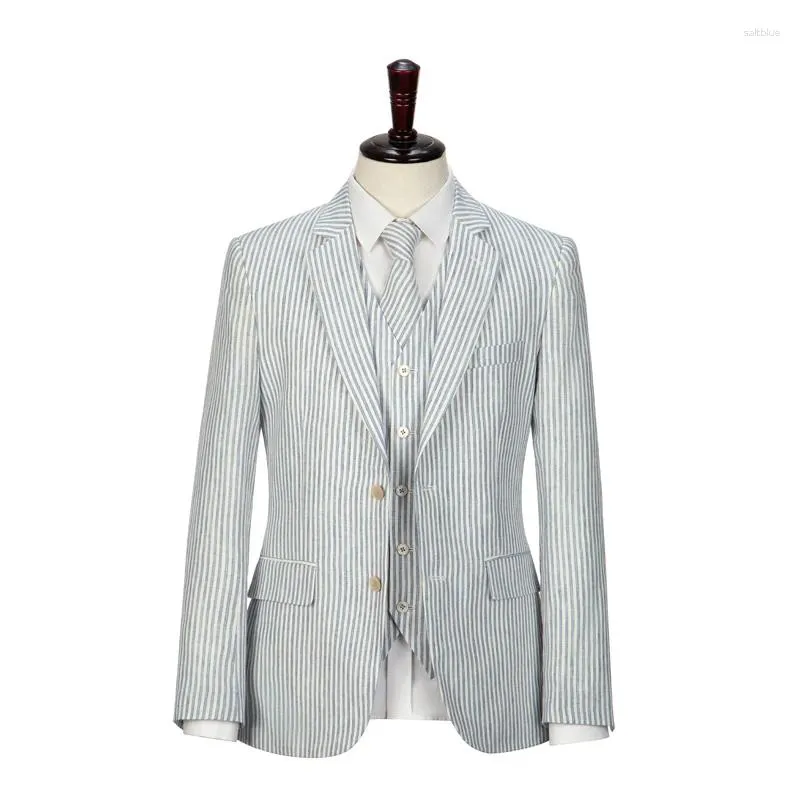 Men's Suits Men Light Blue Stripe Linen Suit Custom Made Slim Fit Casual Wedding