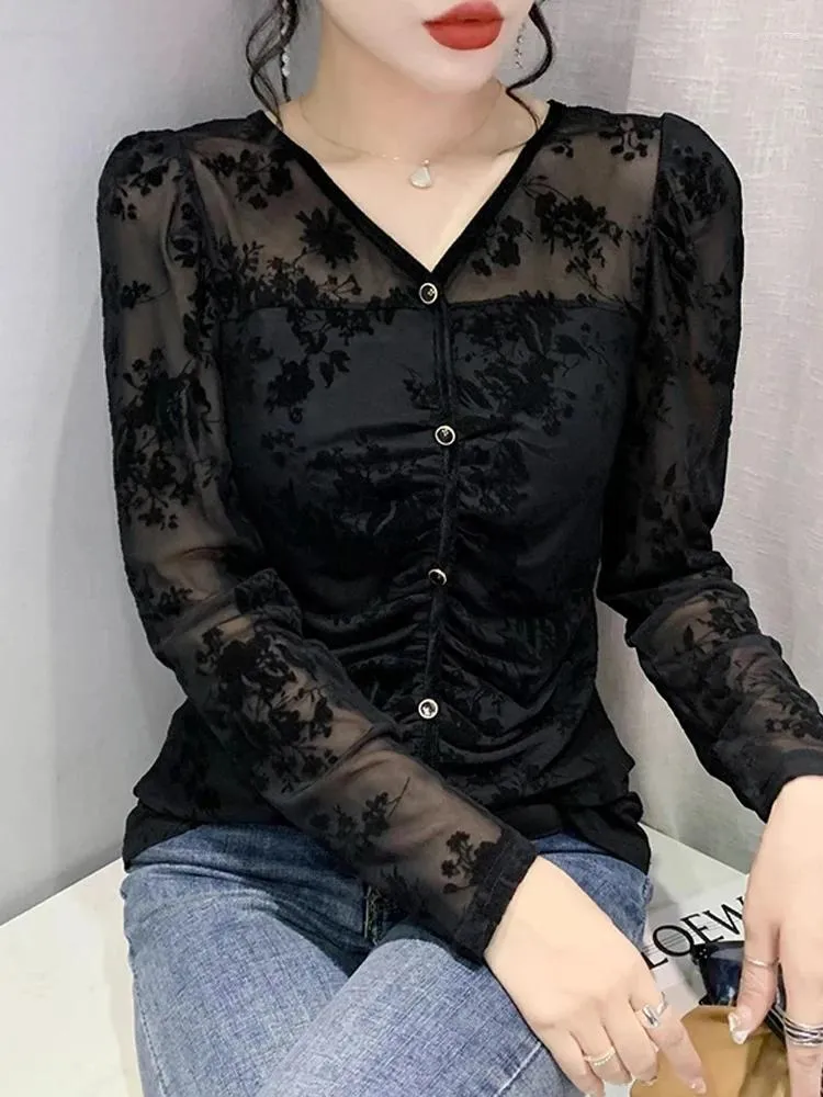 Women's T Shirts Winsleter Elegant Basic Clothing Tshirt Long Sleeve Tees Autumn Winter Women Sexy V Neck Floral Print Slim Mesh Tops