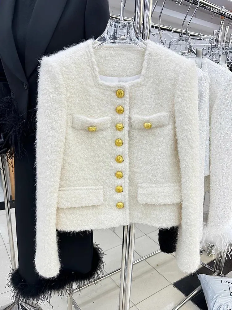 Giacche da donna Giacca in tweed di lana con fibbia dorata alla moda 2023 del designer HIGH STREET