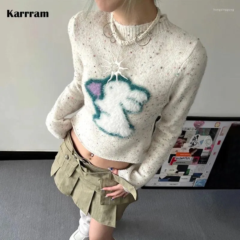 Women's Sweaters Karrram Japanese Y2k Cropped Vintage Embroidery Knitted Pullover Women Korean Fashion Flare Sleeve Jumpers Cute