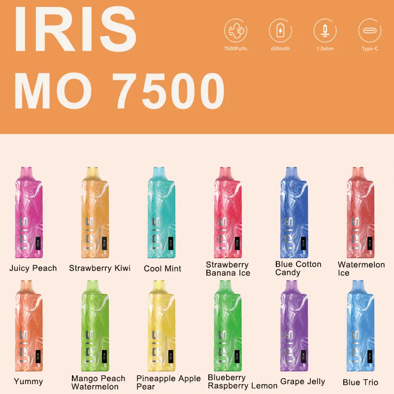 Iris MO 7500パフ使い捨ての蒸気パフ蒸気吸収可能なパフeタイトレットスマートスクリーンディスプレイ650 MAH充電式タイプC 12フルーツフレーバー