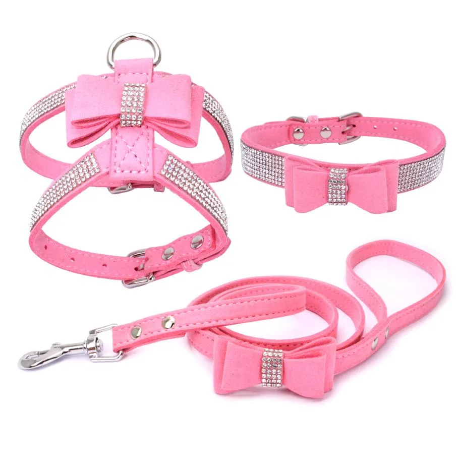 3 Peices Suit Dog Harness Collar Leash Suit Adjustable Soft Suede Fabric Shining Diamonds Pet Vests For Dogs Comfort Pets Supplies5375687