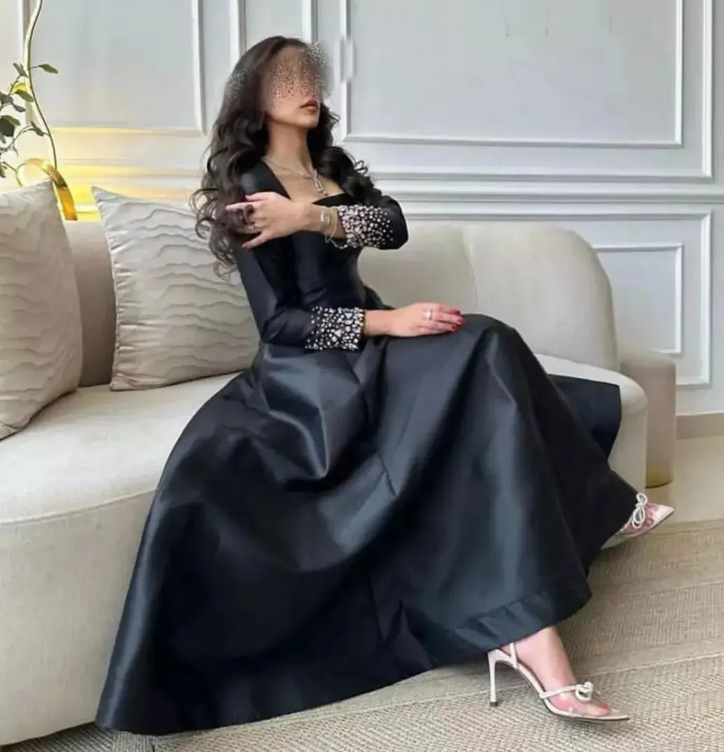 2024 Saudi Arabia Women's Black Satin Long Sleeve Prom Dresses with Crystals, Long Sleeves, and Ankle Length - Perfect for Evening Formal Parties and 2024 Saudi Arabia Women's Black Satin Long Sleeve Prom Dresses with Crystals, Long Sleeves, and Ankle Length - Perfect for Evening Formal Parties and
