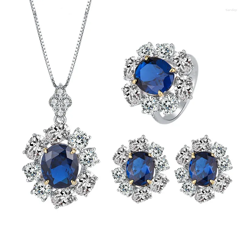 Anelli a grappolo Tendenza moda S925 Argento intarsiato 5A Zircone Gioielli Zaffiro Denier Anello Orecchino Pendente Set di tre pezzi