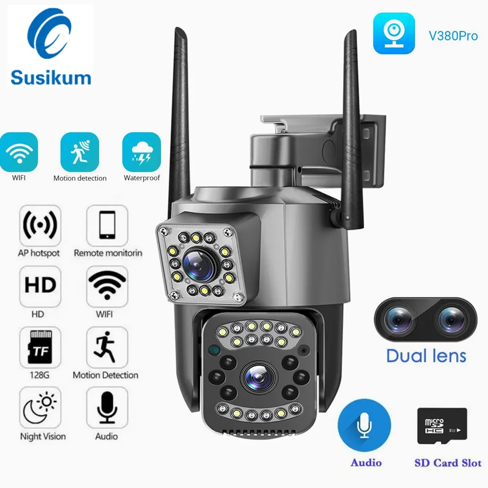 Dual Lens Security Camera V380 Pro Smart Home 4MP Auto Tracking Waterproof Outdoor Wireless WiFi IP Camera