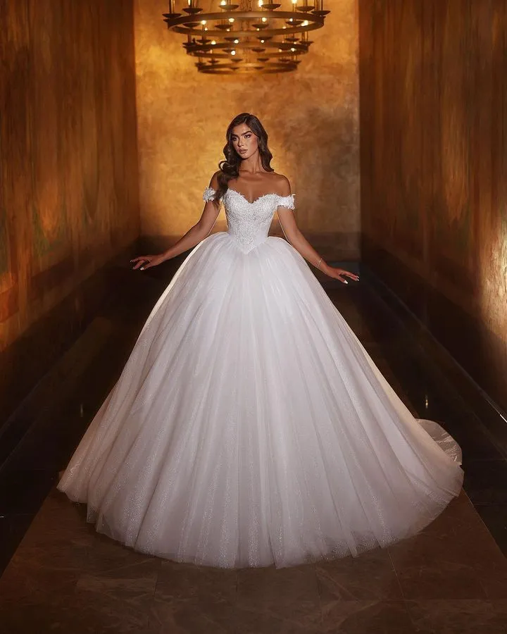 Lindo plus size princesa vestido de baile vestidos de casamento frisado fora do ombro v pescoço em camadas tule plissados apliques trem varredura vestidos de noiva vestido de novia feito sob encomenda