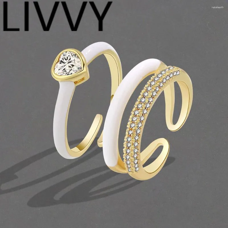 Cluster Rings LIVVY Gold Color Elegant Double Love Ring Design Adjustable Opening Zircon For Women Bridal Jewelry Accessories