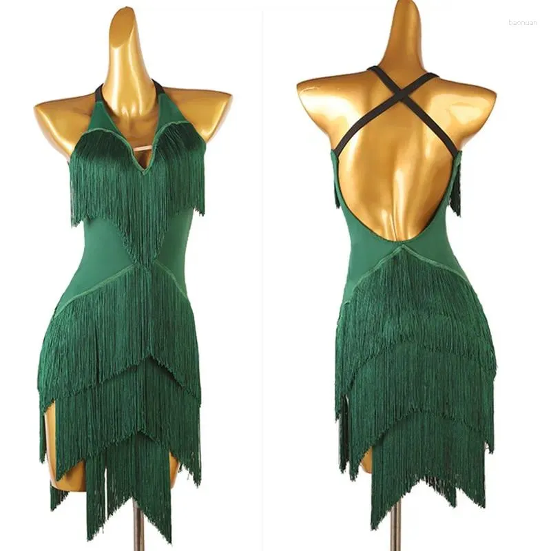 Abbigliamento da palco Abito da ballo latino Lady Junior Costumi Donna Concorso con frange Verde Lq289