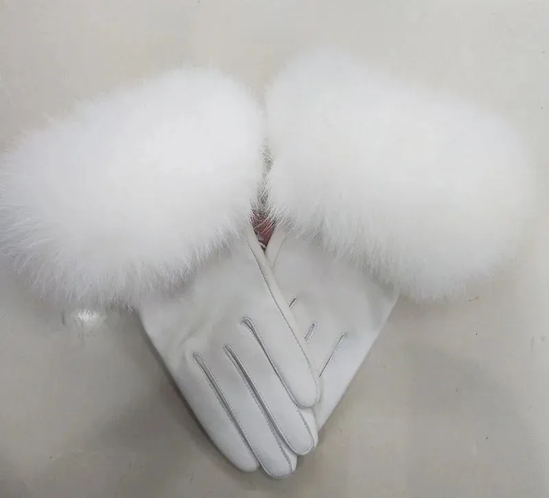 Guantes de cinco dedos Guantes de cuero real de lujo para mujer con puño de piel real Guantes de cuero genuino de invierno cálidos para mujer Calentador de manos informal para mujer 231027