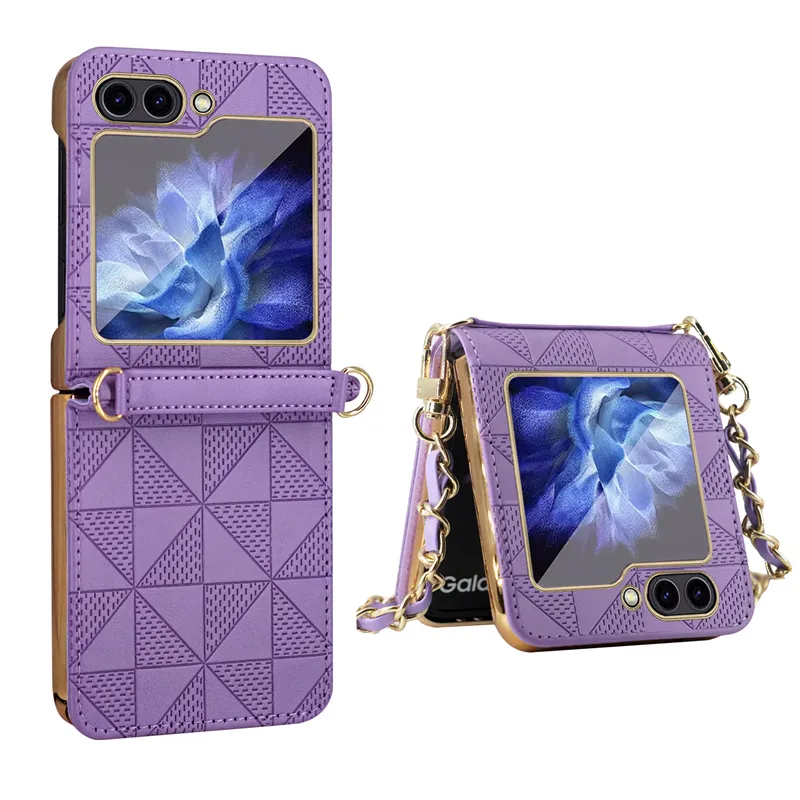 Crossbody Geometric Print Membrane Vogue Phone Case för Samsung Galaxy Folding Z Flip5 Flip4 Flip3 5G Halsband Fullt skyddande fast läderpläteringsskal