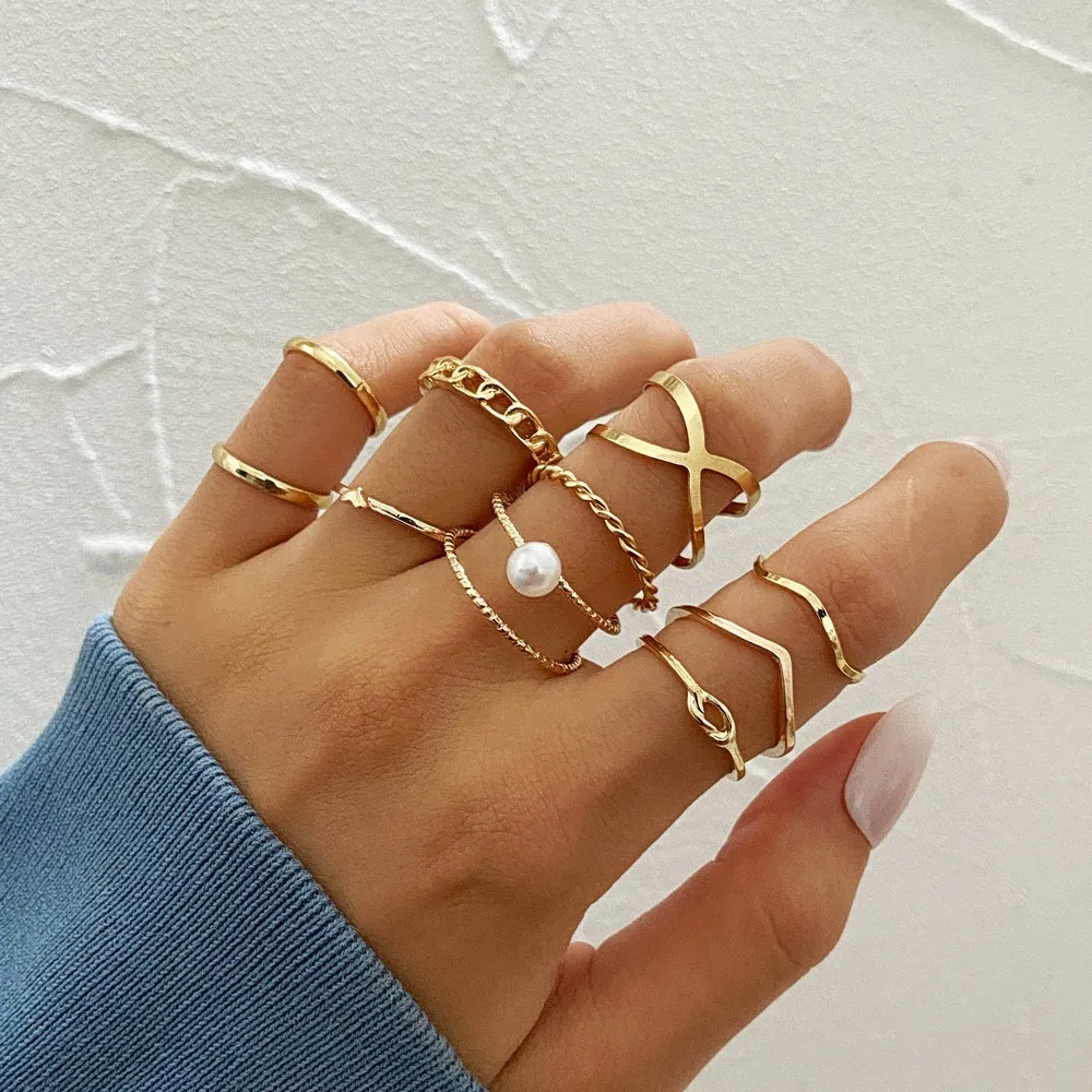 Anelli di colore oro Hiphop impostati per le donne ragazze vintage punk geometrici semplici anelli di dito gioielli di tendenza regali per feste all'ingrosso YMR047