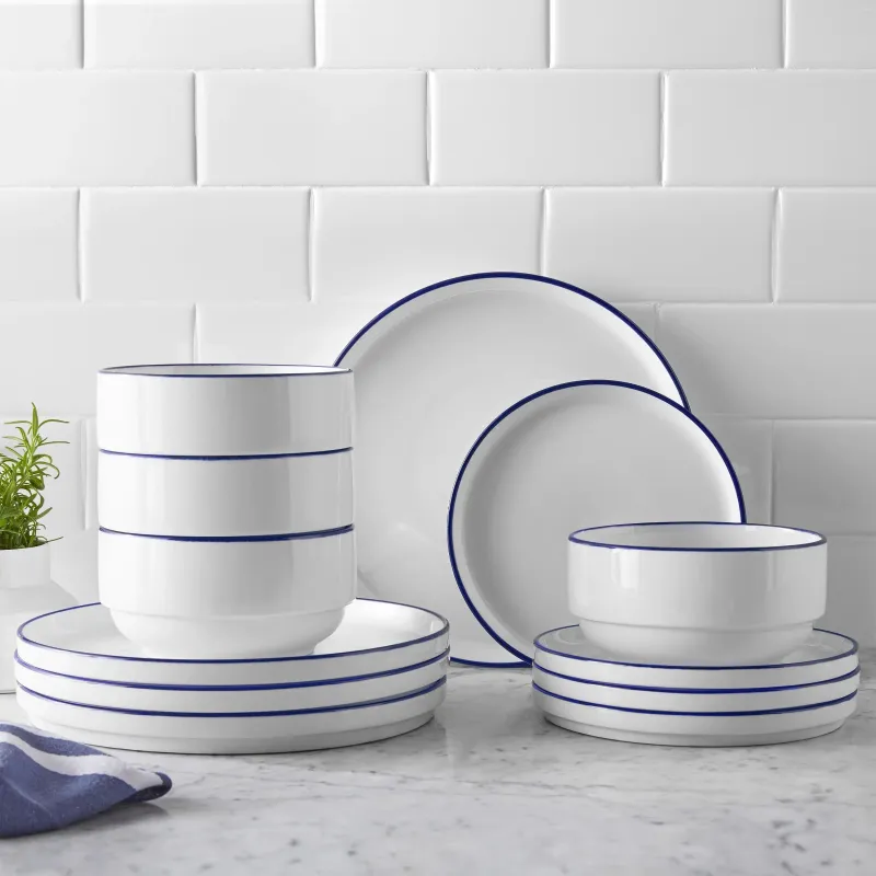 Plates 12-Piece Blue Rim Stoare Dinnerware Set