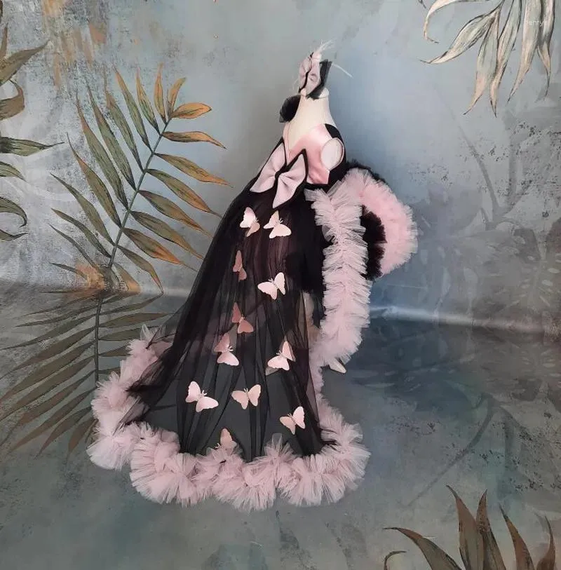 Kız Elbiseler Siyah Pembe Çiçek Tül Çırpma Çocuk Düğün Doğum Günü Partisi Yay Sıkıştırılabilir Trenle İlk Cemaat Önlükleri