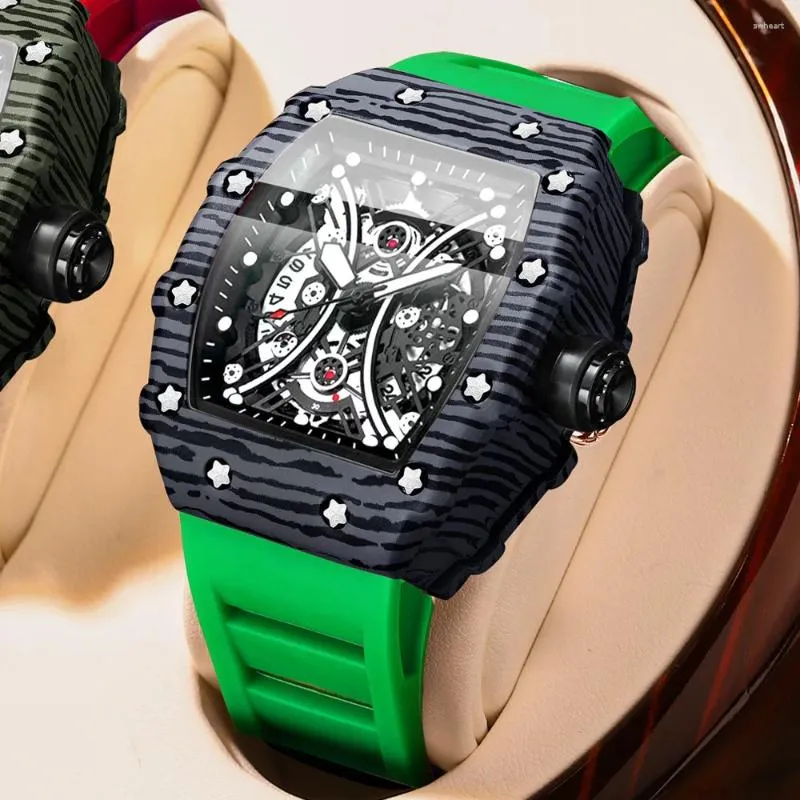 Armbandsur mode herrklocka binbond ihålig mekanik full automatisk lyxklockor män silikon band vattentät armbandsur klocka b8766