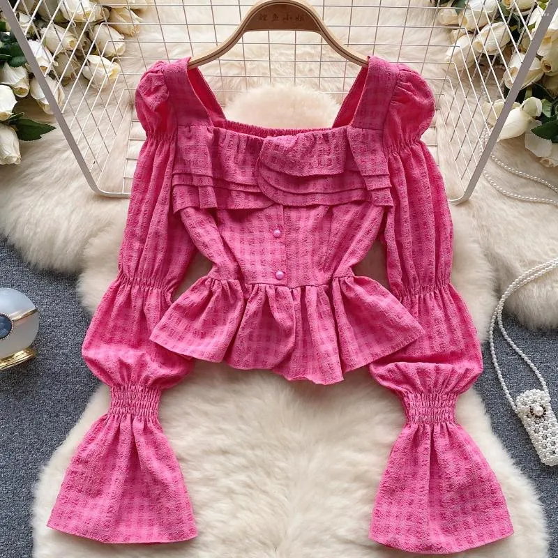 Damskie bluzki francuskie bąbelkowe Różowa biała koszula Bluzka jesienna noszenie wysokiej talii kwadratowa szyja plisowana ruffle top 2023