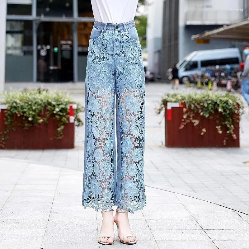 Damskie dżinsy przezroczyste spodnie koronkowe proste nogi i spodnie capris dla kobiet workowate harajuku biuro mody koreański w stylu w stylu