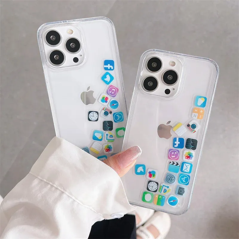 Creative Apps Icon Transparent Phone Case for iPhone 15 13 12 11 14 Pro Max 14 15 plus Funda Glitter Liquid Quicksand Back Cover Brillant