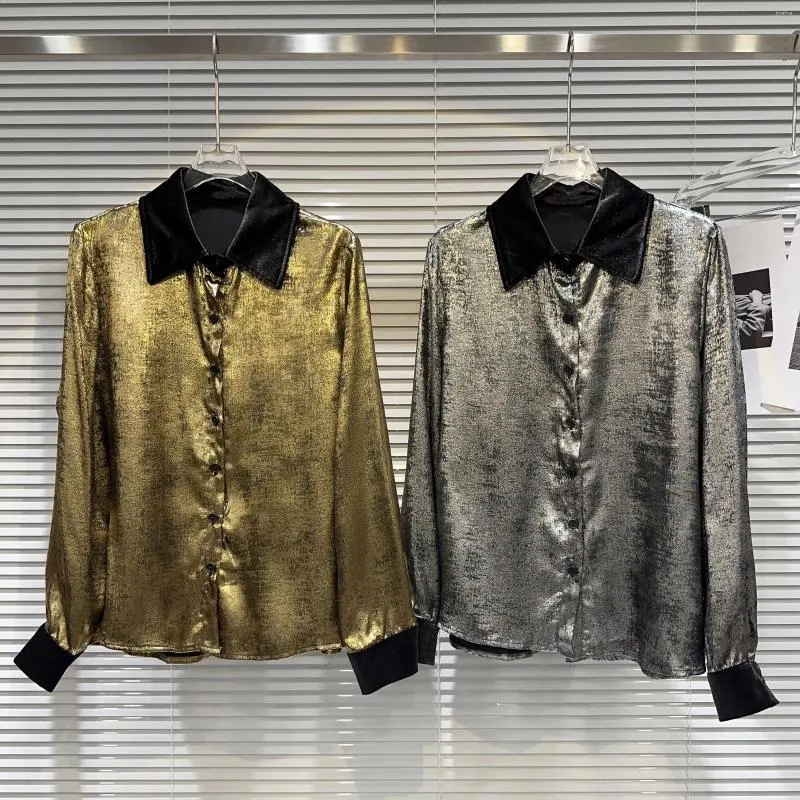 Blusas femininas 2023 outono veludo splice colar de metal líquido camisa manga longa prata ouro oversized botão para baixo blusa