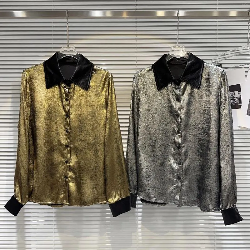 Women's Blouses 2023 Autumn Velvet Splice Collar Liquid Metal Shirt Long Sleeve Silver Gold Oversized Button Down Blouse