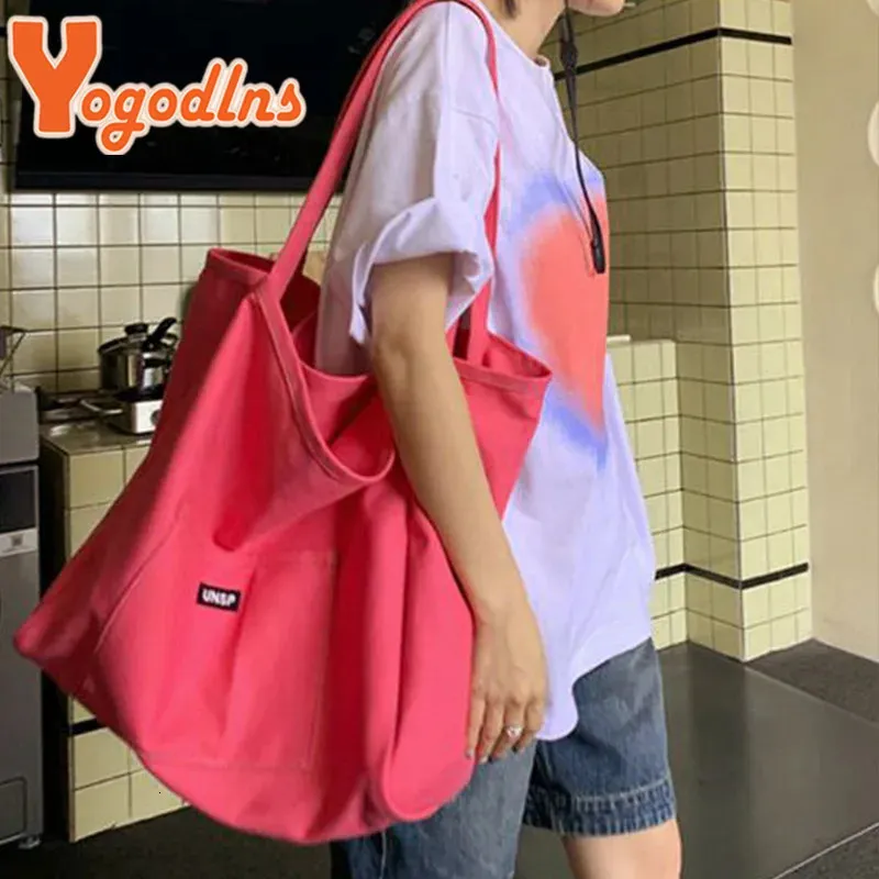 Shopping Bags Yogodlns Summer Large Capacity Tote Bag Female Candy Color Canvas Shoulder Bag Travel Handbags Shopping Girls Pouch Tote Bolsas 231030