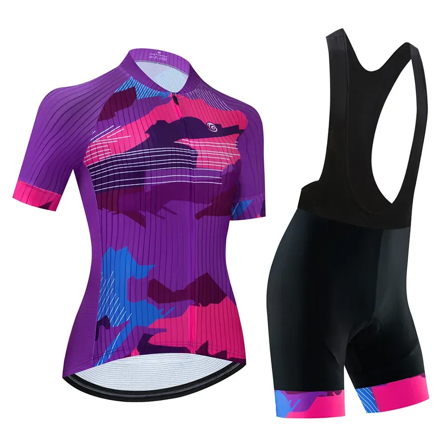 Pantaloncini con bretelle in maglia da ciclismo 2023 e magliette da bici da strada Set di abbigliamento da ciclismo estivo per donna