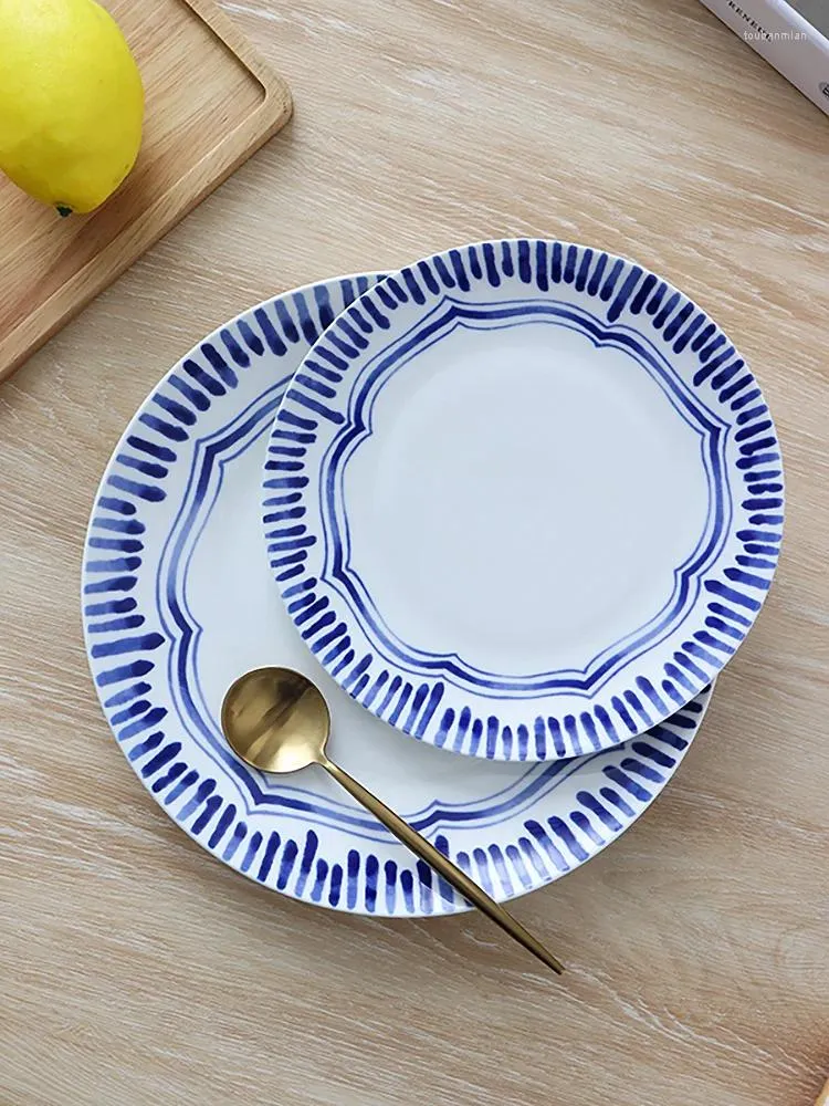 Platos de cerámica de 8 pulgadas con rayas azules, platos esmaltados de 10 pulgadas, vajilla redonda, contenedor para carne, ensalada de frutas y pasta