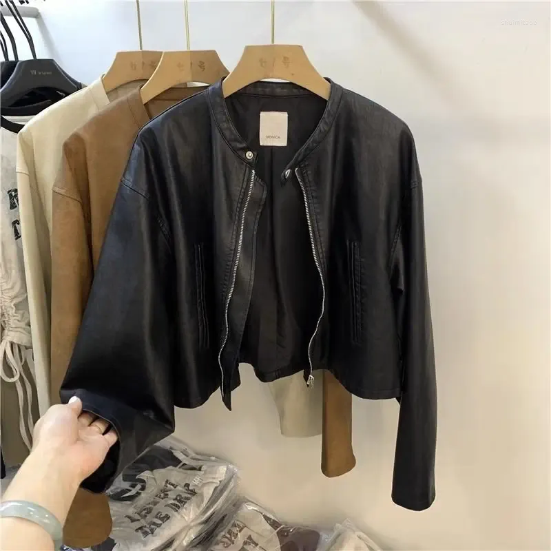 Women's Jackets Vintage Pu Leather All-match Casual Women Tops Long Sleeve O-neck Simple 2023 Autumn Korean Chic Niche Female Coats