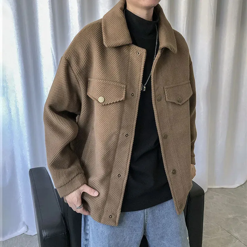 Mens Retro Corduroy Wool Blend Jacket Stylish Slim Fit Streetwear Coat Autumn Casual Outerwear S XL