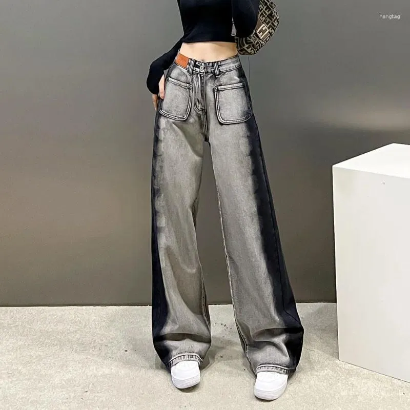 Jeans para mujer Diseño negro gris Cintura alta Pierna recta Piso ancho Arrastre 2023 Pantalones delgados