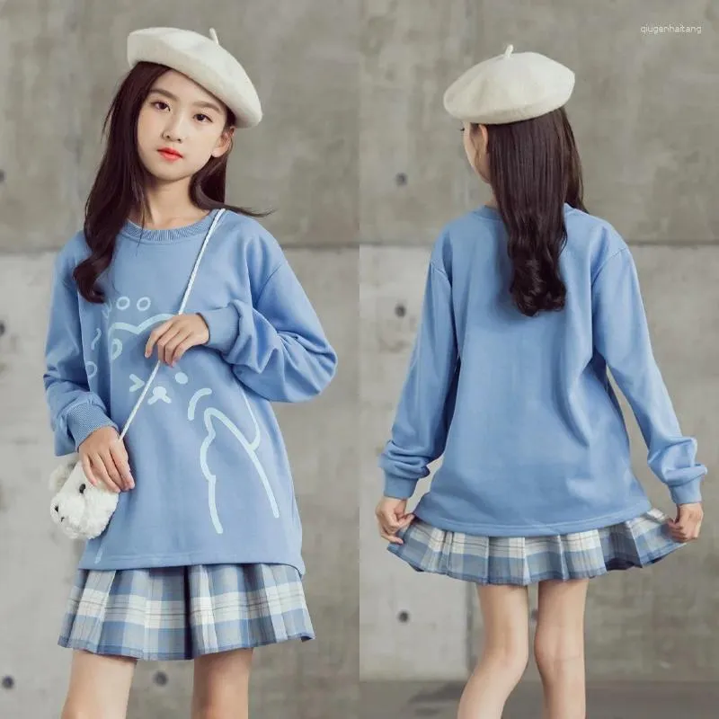 Giyim Setleri Çocuk Kore Koreli Uzun Kollu Sevimli Külot Üst Pileli Ekose etek Seti Genç Kızlar 10 12 14 Yıllık Kıyafetler