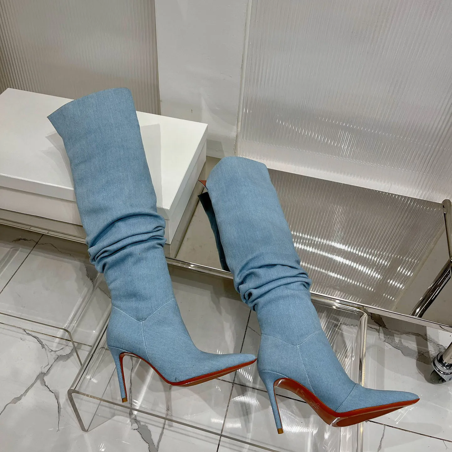 Aggregate more than 159 blue denim thigh high boots best