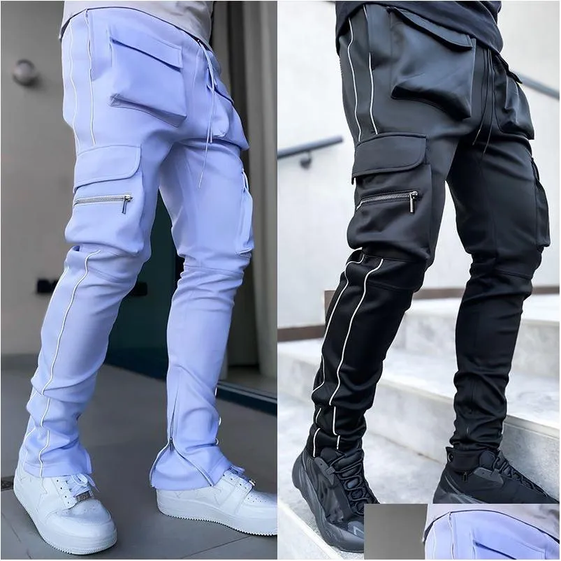 Pantalons pour hommes Godlikeu Cargo Printemps et automne Stretch Mti-Pocket réfléchissant Sports droits Fitness Pantalons décontractés Joggers Drop Deliv Dhdkd