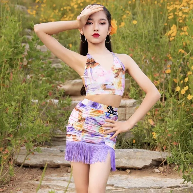Scen Wear Latin Dance Costumes For Girls Colorful Ice Silk Print Fringe Suit Summer Split Training Dress Chacha DN15674